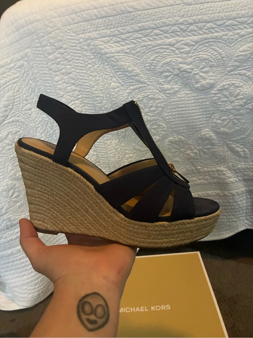 Michael Kors Navy Wedge Sandals with Gold Front Zip